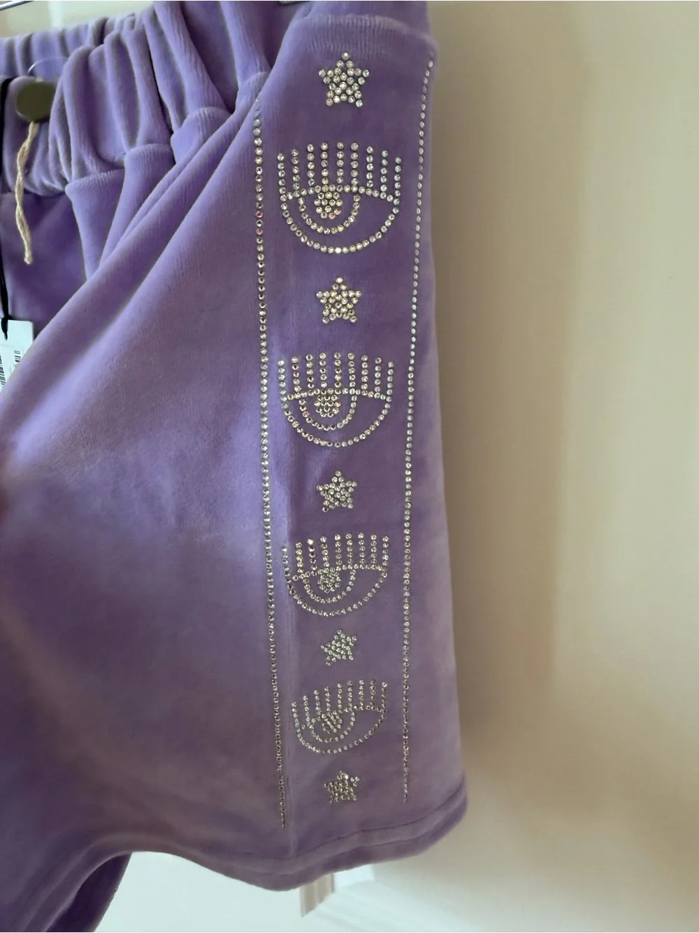 Chiara Ferragni Lavender Velour Athletic Shorts with Rhinestone Trim